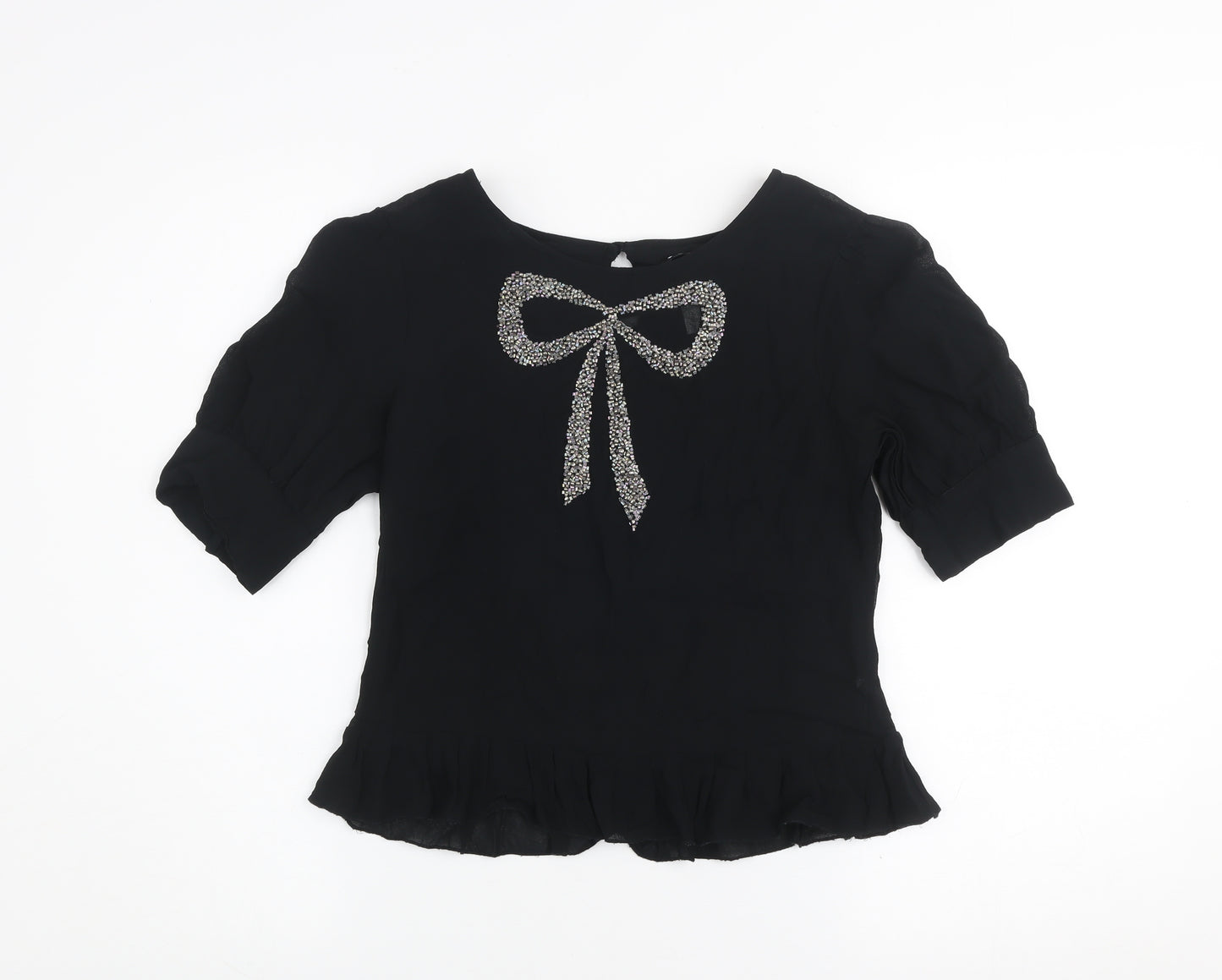 Next Women's Black Beaded Bow Short Sleeve Tunic Blouse Size 8