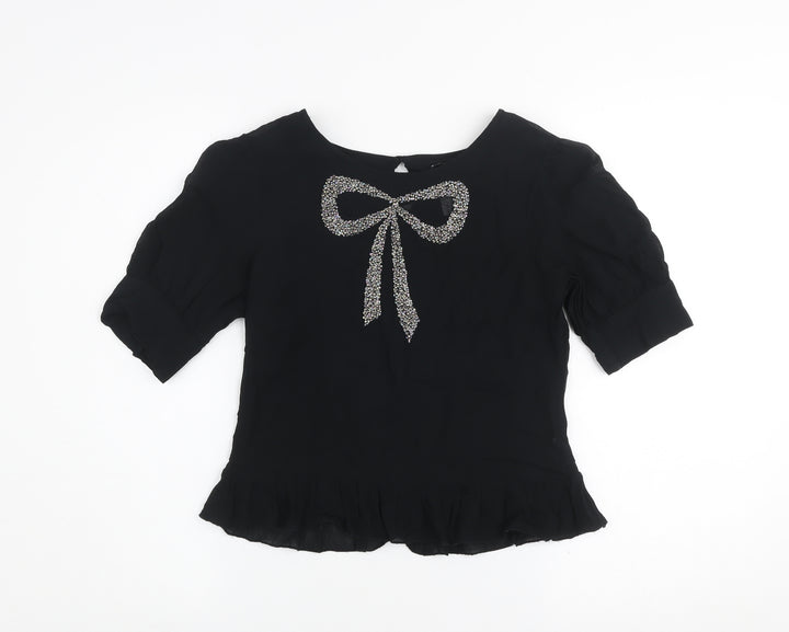 Next Women's Black Beaded Bow Short Sleeve Tunic Blouse Size 8