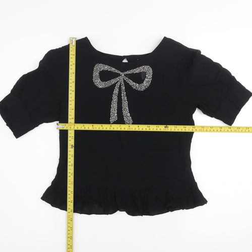 Next Women's Black Beaded Bow Short Sleeve Tunic Blouse Size 8