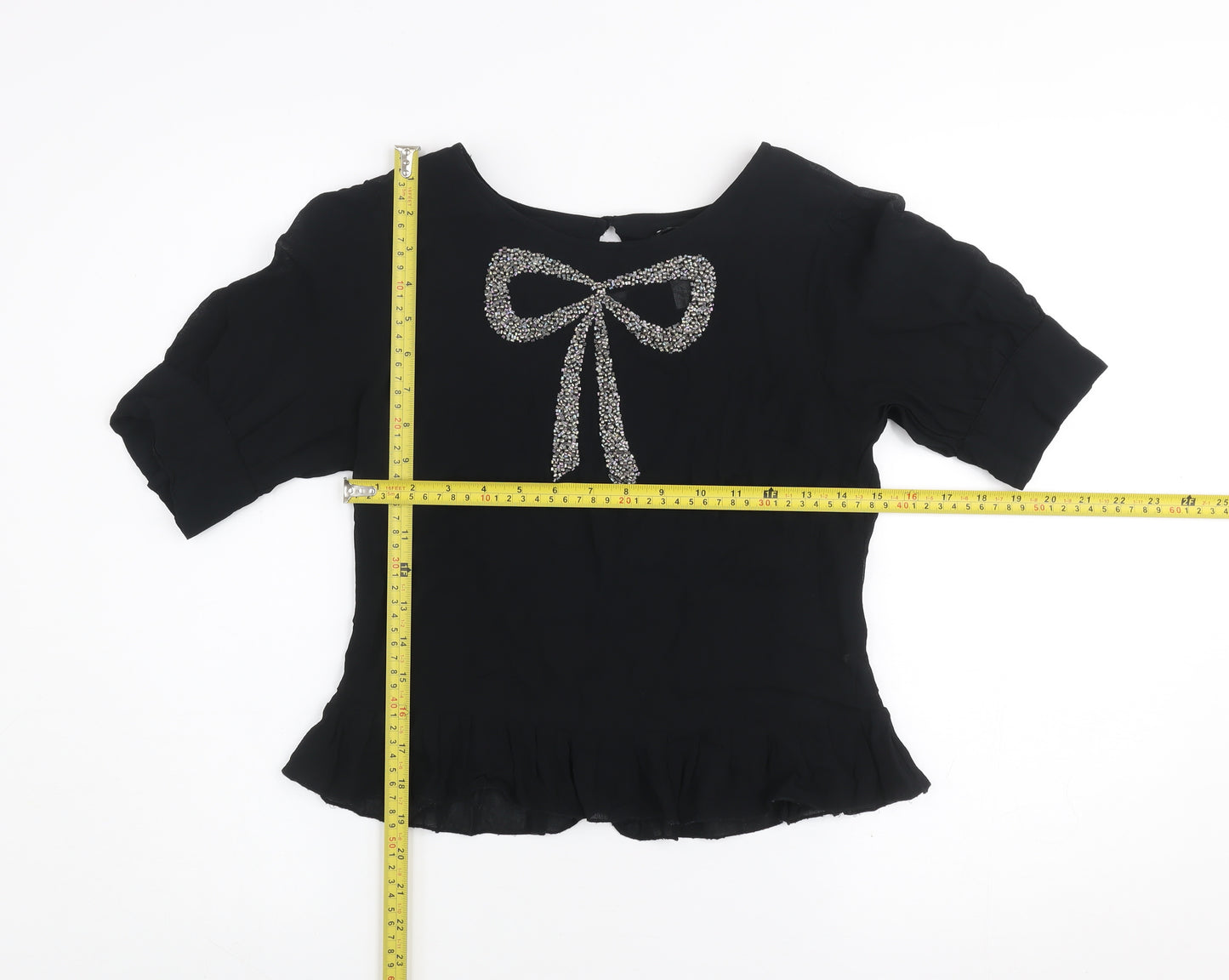 Next Women's Black Beaded Bow Short Sleeve Tunic Blouse Size 8