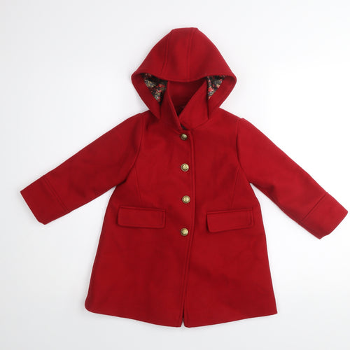 Next Girls Red Hooded Duffle Coat 2-3 Years Wool Blend Buttoned Warm