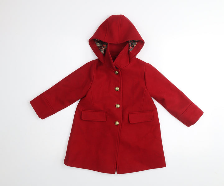 Next Girls Red Hooded Duffle Coat 2-3 Years Wool Blend Buttoned Warm