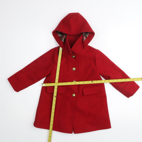 Next Girls Red Hooded Duffle Coat 2-3 Years Wool Blend Buttoned Warm