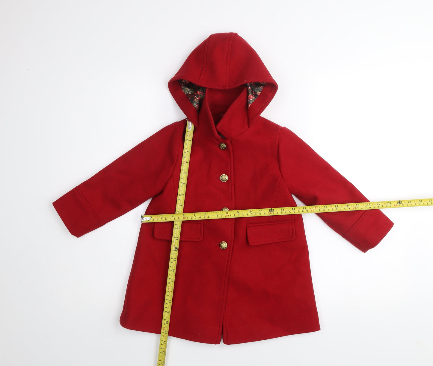 Next Girls Red Hooded Duffle Coat 2-3 Years Wool Blend Buttoned Warm