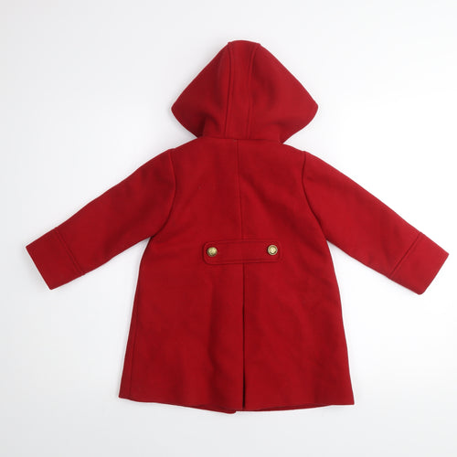 Next Girls Red Hooded Duffle Coat 2-3 Years Wool Blend Buttoned Warm