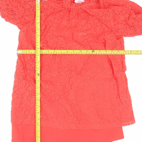 Savida Women Red Lace Puff Sleeve Tunic Blouse XS