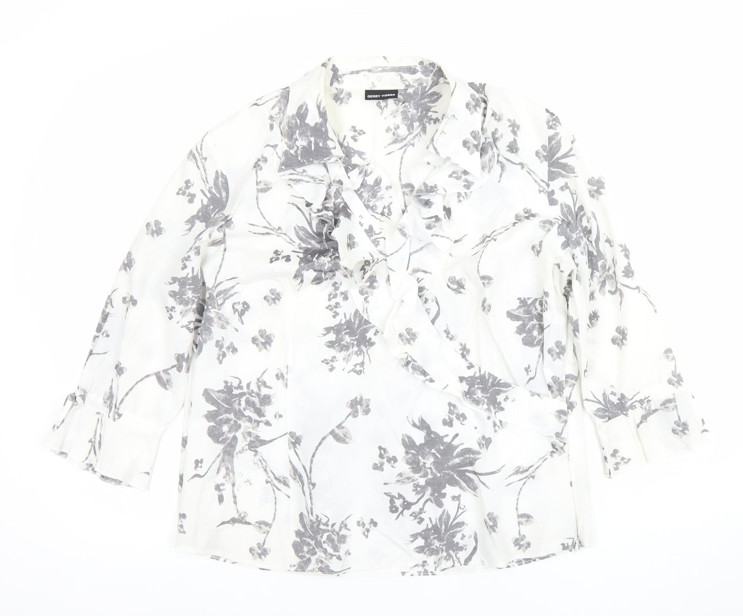 Gerry Weber Women's White Floral Ruffle 3/4 Sleeve Wrap Blouse Size 14