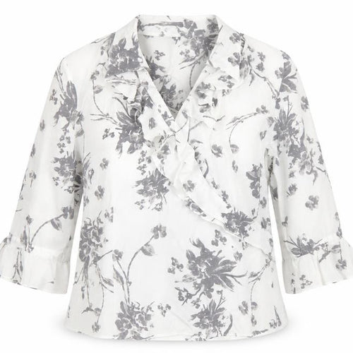 Gerry Weber Women's White Floral Ruffle 3/4 Sleeve Wrap Blouse Size 14