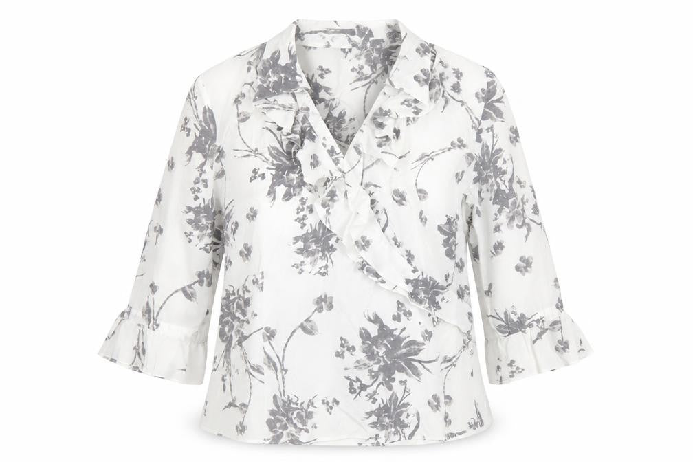 Gerry Weber Women's White Floral Ruffle 3/4 Sleeve Wrap Blouse Size 14