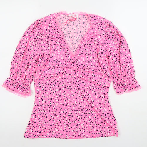 Savida Womens Pink Floral Puff Sleeve V-Neck Tunic Blouse Size 8