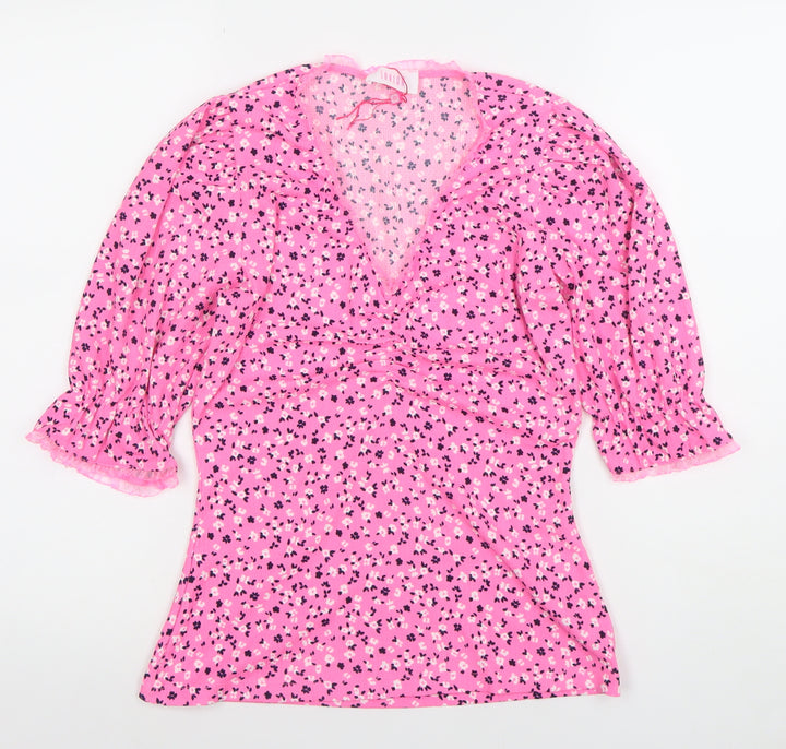 Savida Womens Pink Floral Puff Sleeve V-Neck Tunic Blouse Size 8