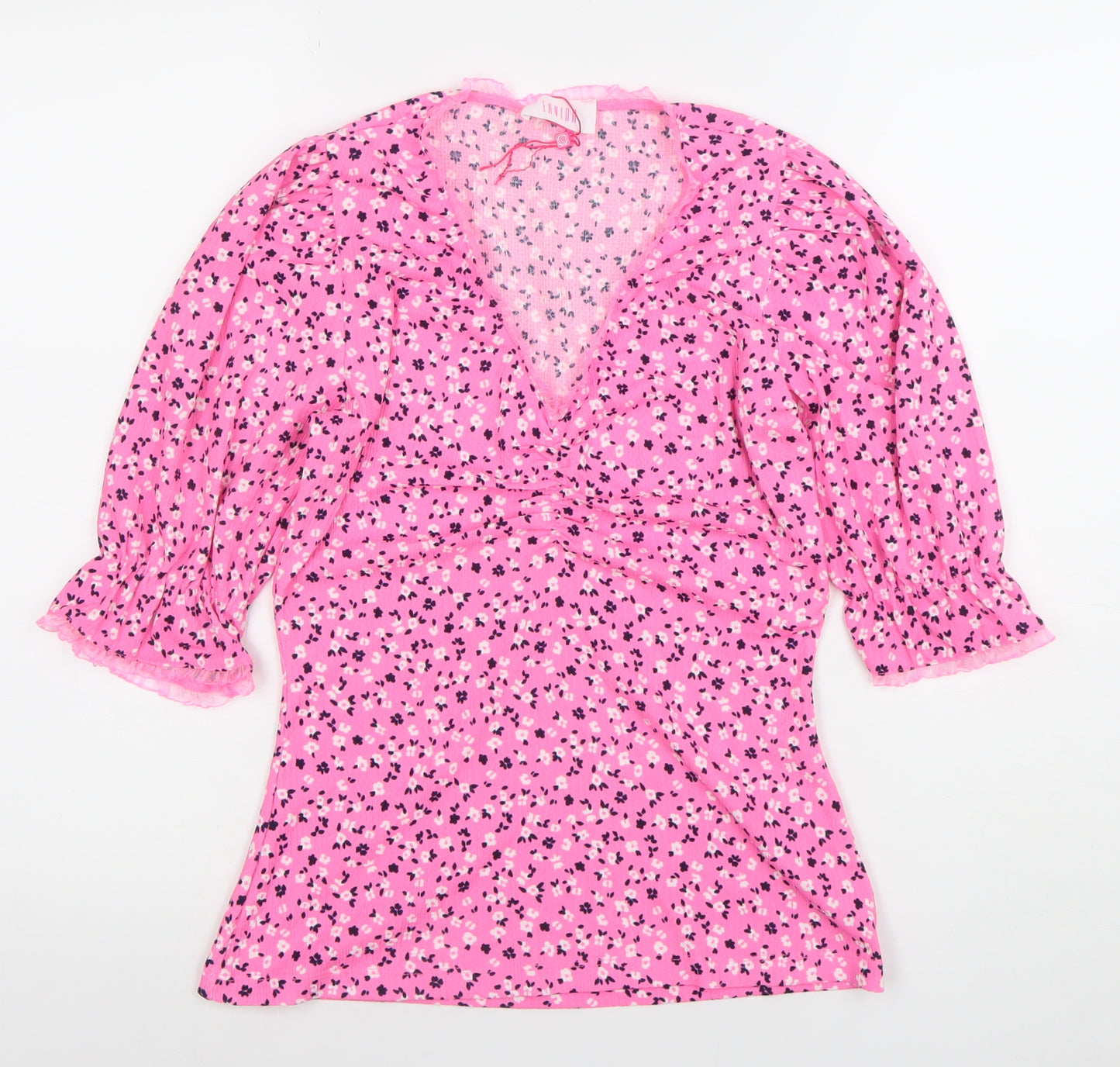 Savida Womens Pink Floral Puff Sleeve V-Neck Tunic Blouse Size 8