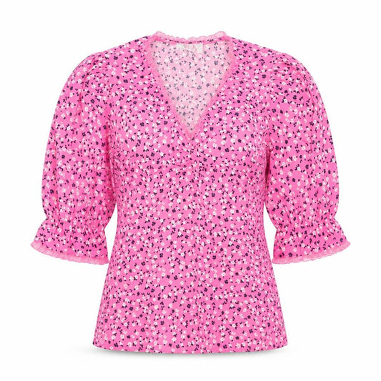 Front view of Savida women’s pink floral puff sleeve v-neck tunic blouse, size UK 8