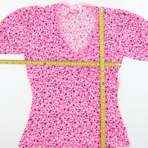 Savida Womens Pink Floral Puff Sleeve V-Neck Tunic Blouse Size 8