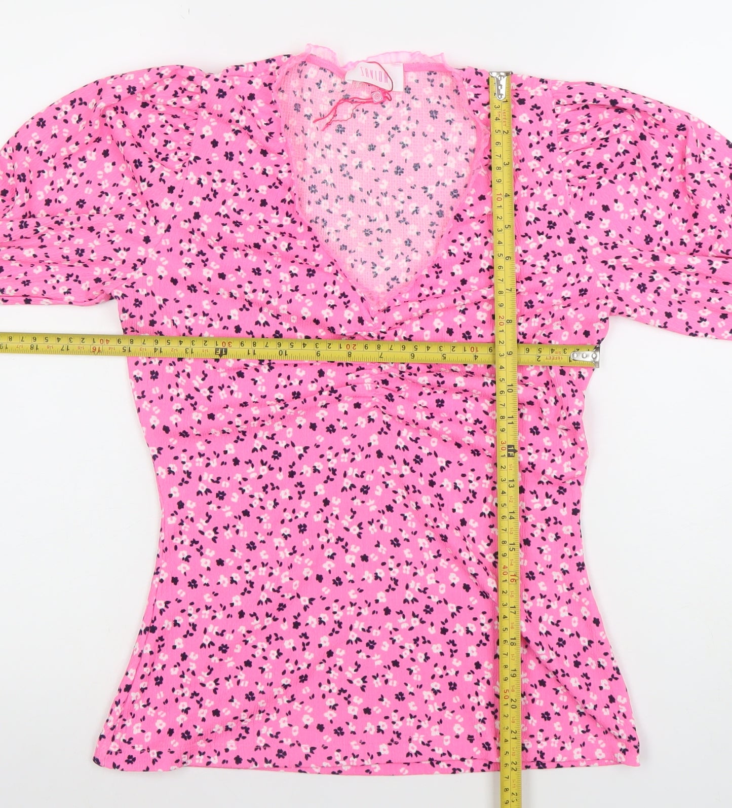 Savida Womens Pink Floral Puff Sleeve V-Neck Tunic Blouse Size 8