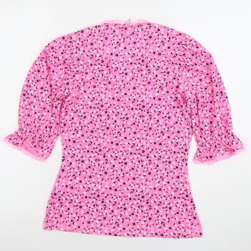 Savida Womens Pink Floral Puff Sleeve V-Neck Tunic Blouse Size 8