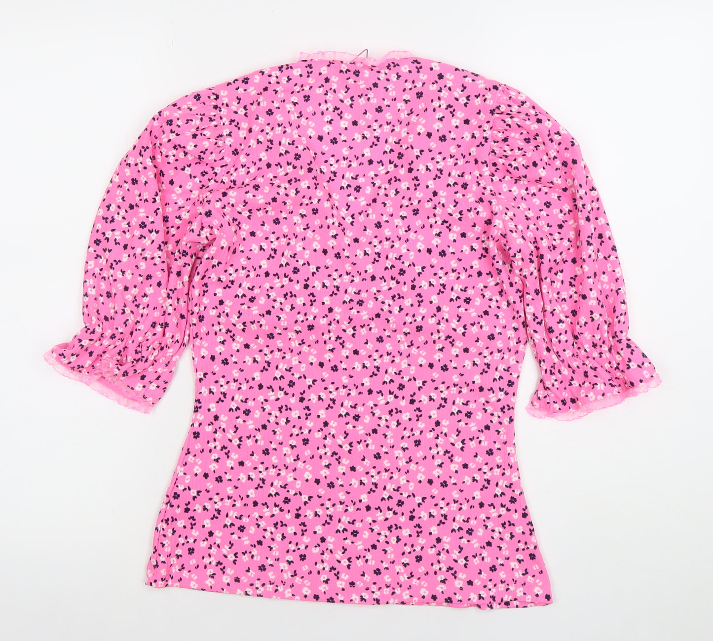 Savida Womens Pink Floral Puff Sleeve V-Neck Tunic Blouse Size 8