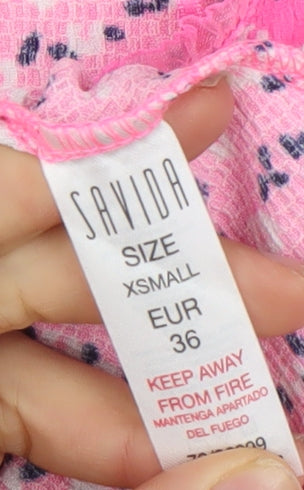 Savida Womens Pink Floral Puff Sleeve V-Neck Tunic Blouse Size 8
