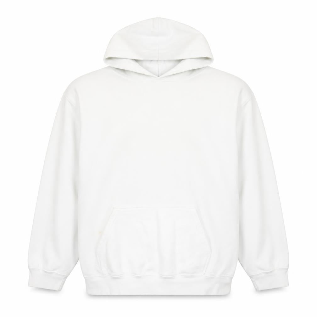 Front view of boohooMAN Men's White Graphic Print Pullover Hoodie, size M