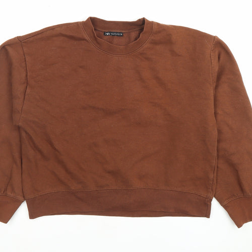 Zara Women Brown Pullover Sweatshirt Size L Crew Neck Cotton Blend