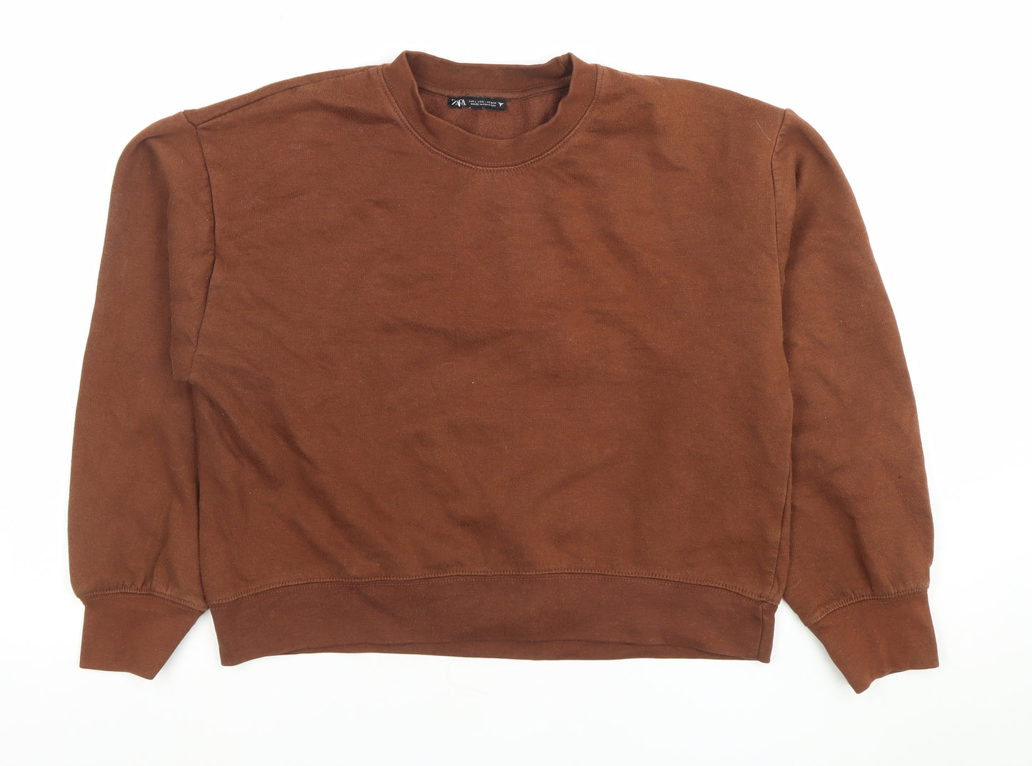 Zara Women Brown Pullover Sweatshirt Size L Crew Neck Cotton Blend
