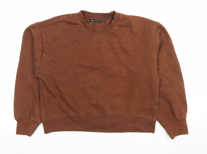 Zara Women Brown Pullover Sweatshirt Size L Crew Neck Cotton Blend