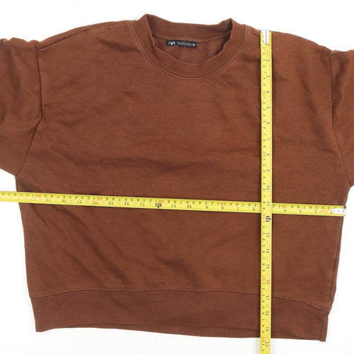 Zara Women Brown Pullover Sweatshirt Size L Crew Neck Cotton Blend