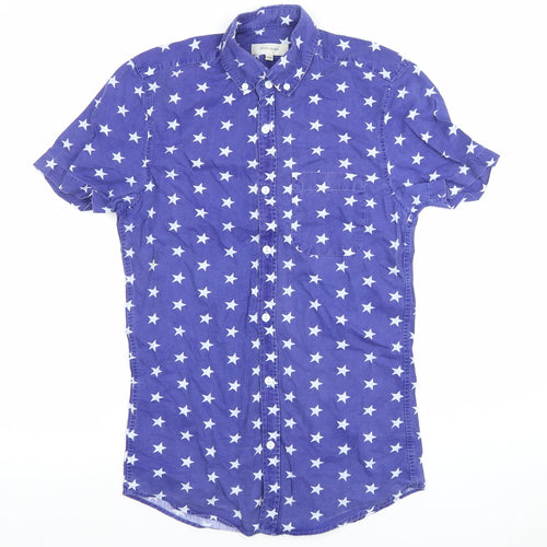 River Island Men's Blue Star Print Short Sleeve Slim Fit Button-Up Shirt XS