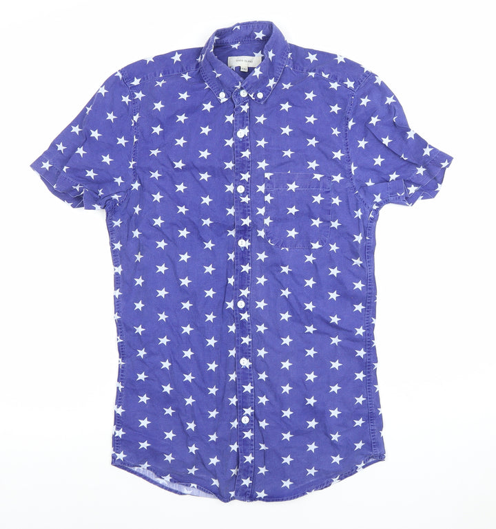 River Island Men's Blue Star Print Short Sleeve Slim Fit Button-Up Shirt XS