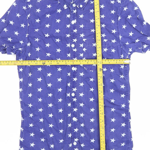River Island Men's Blue Star Print Short Sleeve Slim Fit Button-Up Shirt XS