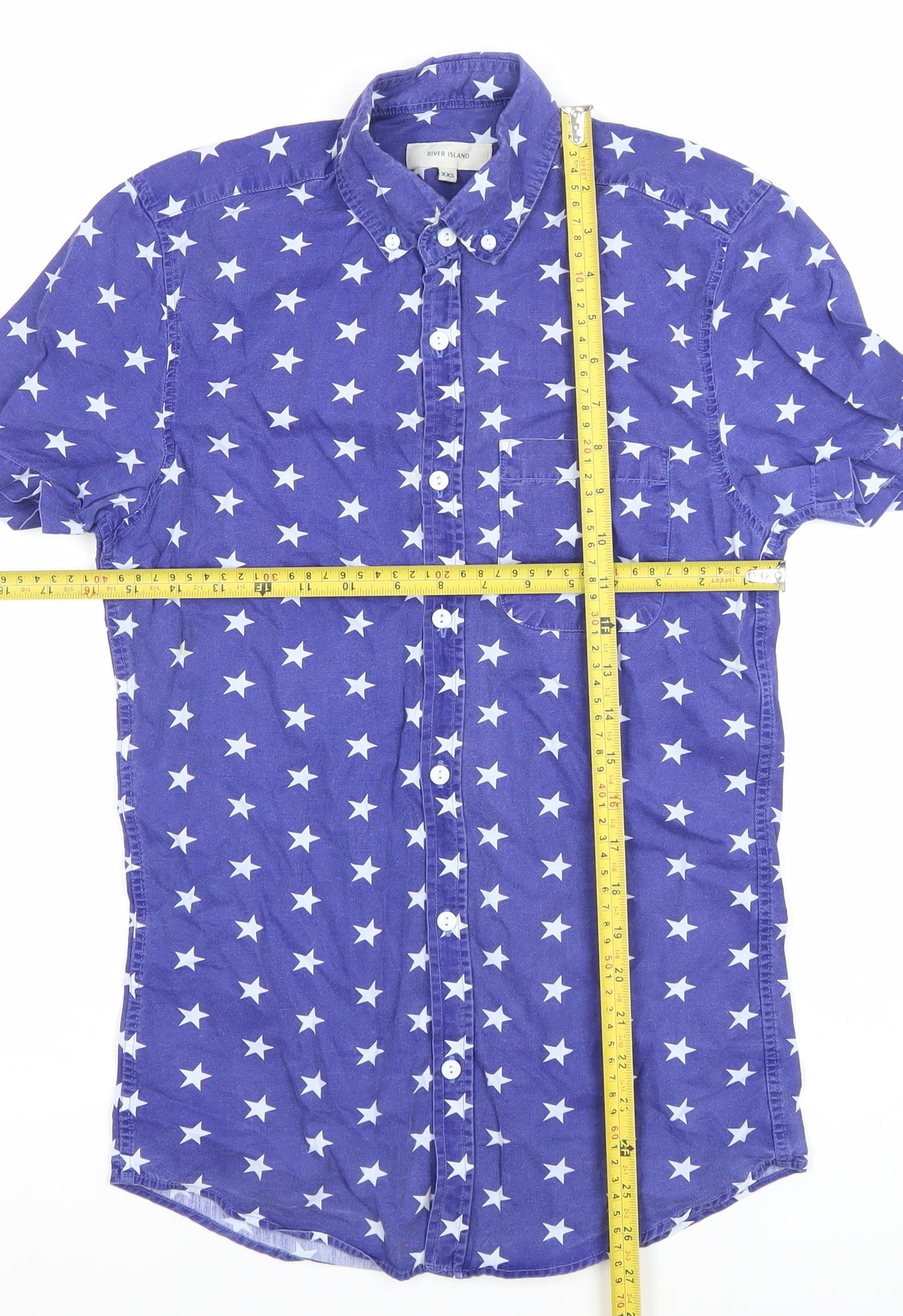 River Island Men's Blue Star Print Short Sleeve Slim Fit Button-Up Shirt XS