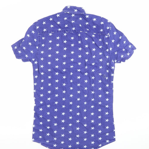 River Island Men's Blue Star Print Short Sleeve Slim Fit Button-Up Shirt XS