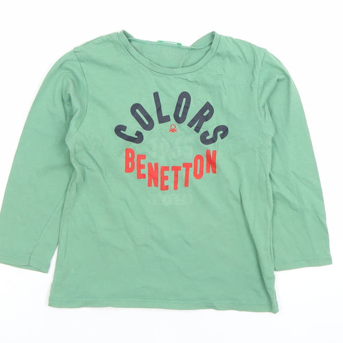 Benetton Boys Green Long Sleeve Cotton T-Shirt 4-5 Years Casual Crew Neck