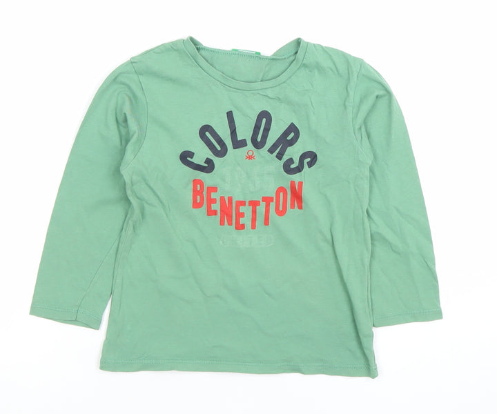 Benetton Boys Green Long Sleeve Cotton T-Shirt 4-5 Years Casual Crew Neck