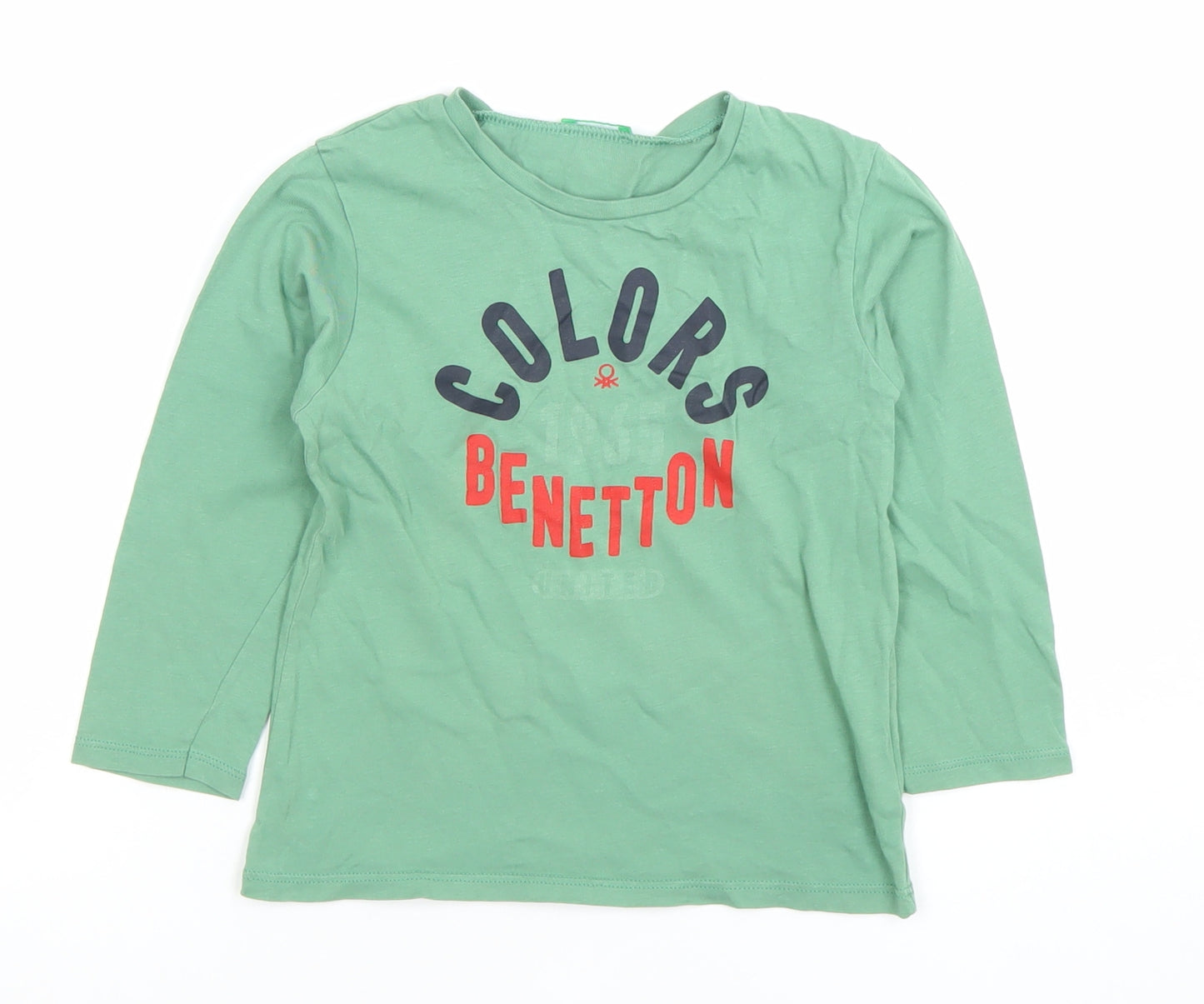 Benetton Boys Green Long Sleeve Cotton T-Shirt 4-5 Years Casual Crew Neck