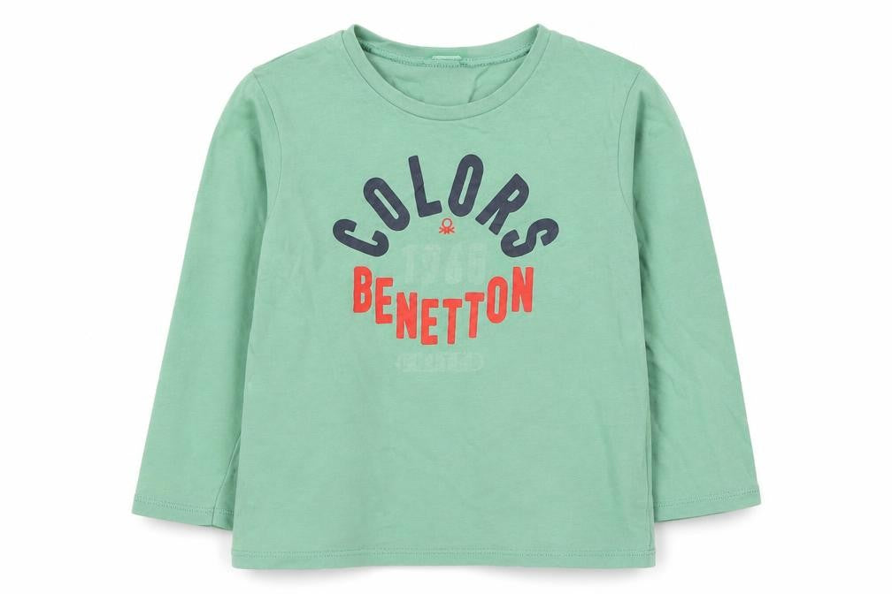 Benetton Boys Green Long Sleeve Cotton T-Shirt 4-5 Years Casual Crew Neck