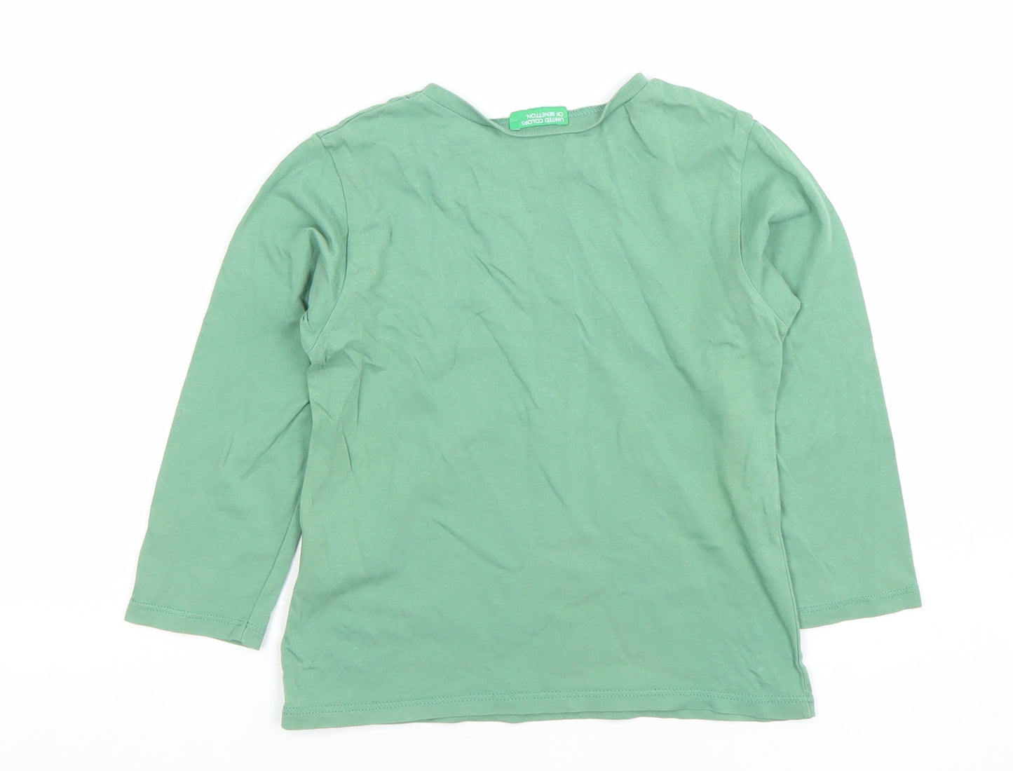 Benetton Boys Green Long Sleeve Cotton T-Shirt 4-5 Years Casual Crew Neck