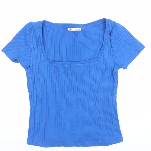 Zara Women Blue Ribbed Short Sleeve Square Neck T-Shirt Size S