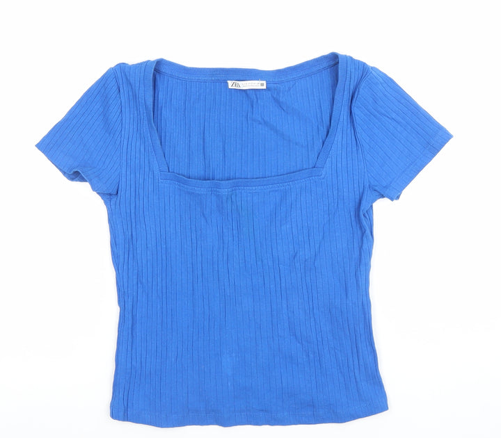 Zara Women Blue Ribbed Short Sleeve Square Neck T-Shirt Size S