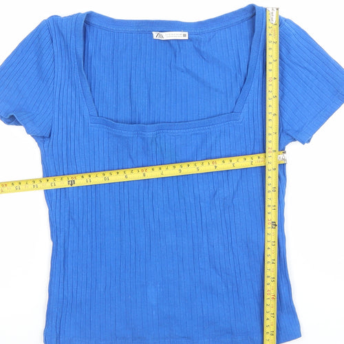 Zara Women Blue Ribbed Short Sleeve Square Neck T-Shirt Size S