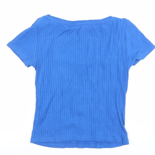 Zara Women Blue Ribbed Short Sleeve Square Neck T-Shirt Size S