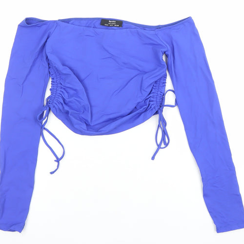 Bershka Women's Blue Off Shoulder Long Sleeve Ruched Top Size S