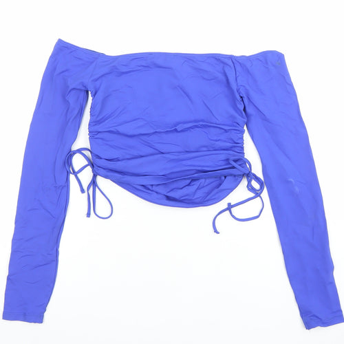 Bershka Women's Blue Off Shoulder Long Sleeve Ruched Top Size S