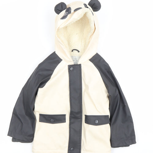 George Girls Beige Black Panda Hooded Rain Coat 2-3 Years Lined Waterproof Jacket