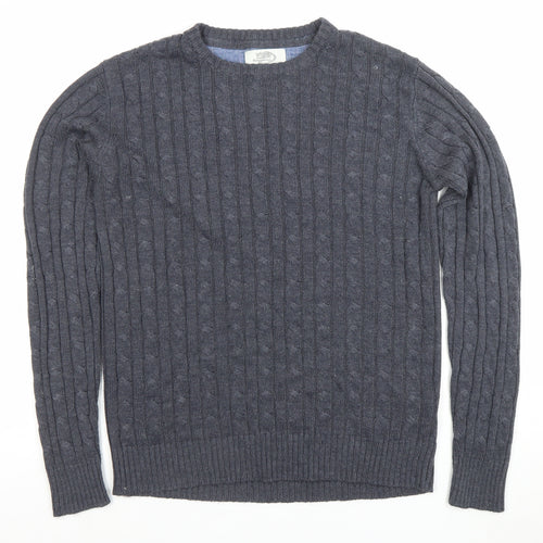 Kangaroo Poo Men’s Grey Cable Knit Crew Neck Acrylic Jumper Size M