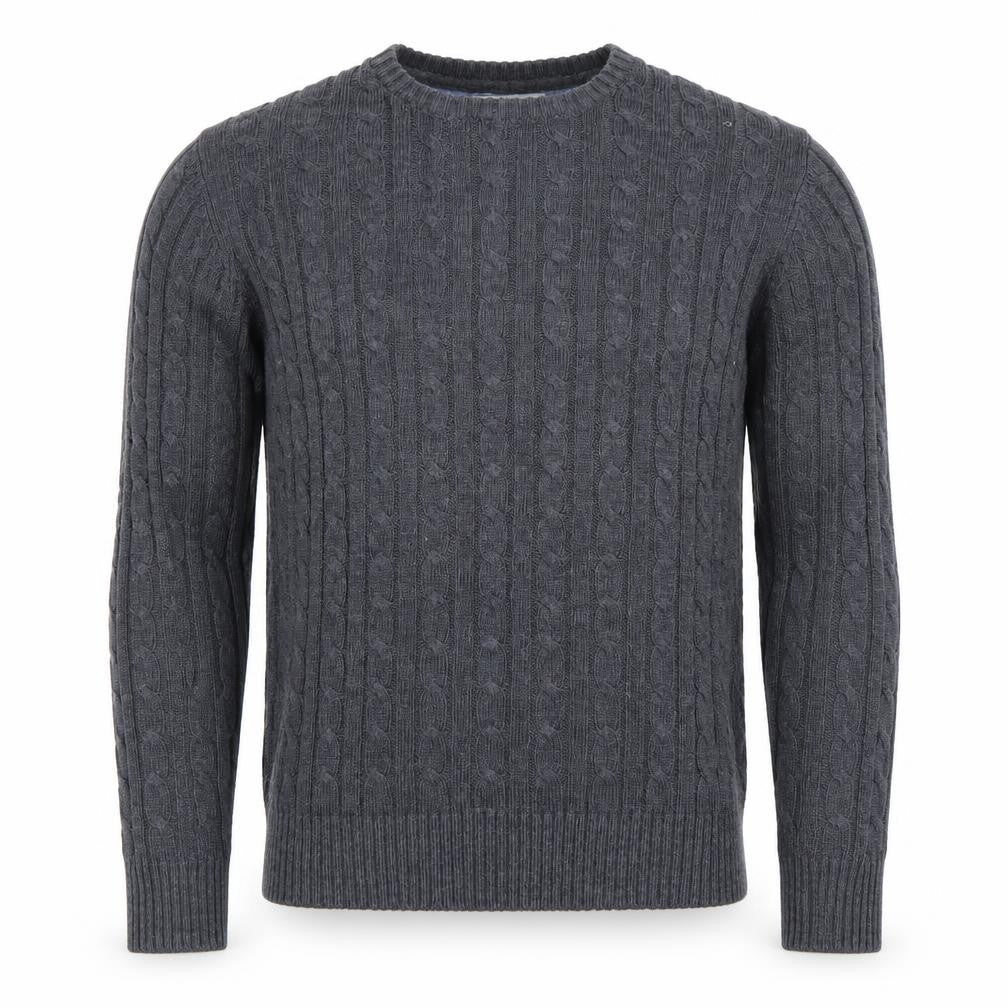Front view of Kangaroo Poo Men’s Grey Cable Knit Crew Neck Acrylic Jumper, size M