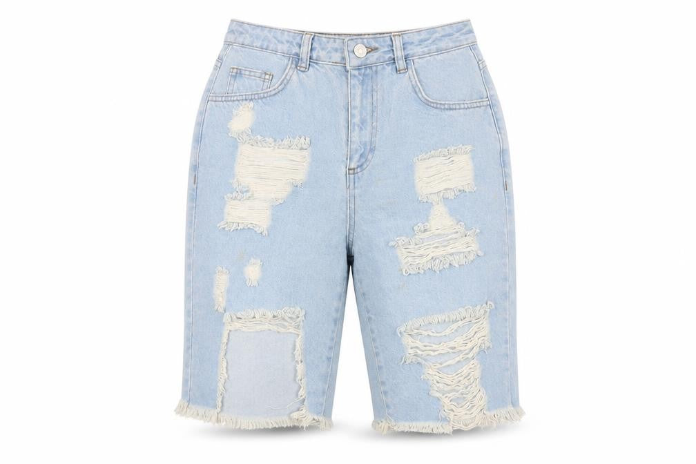 Motel Women’s Blue Distressed Denim Bermuda Shorts UK 8