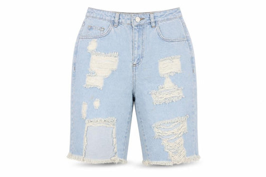 Motel Women’s Blue Distressed Denim Bermuda Shorts UK 8