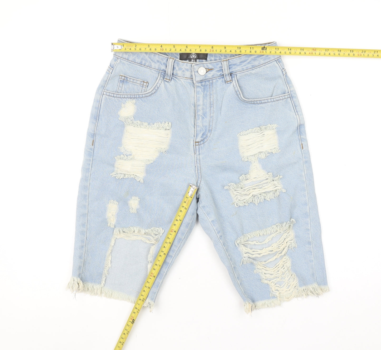 Motel Women’s Blue Distressed Denim Bermuda Shorts UK 8