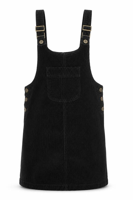 Front view of Denim Co. Women Black Corduroy Pinafore Dress, size 8, Adjustable Straps